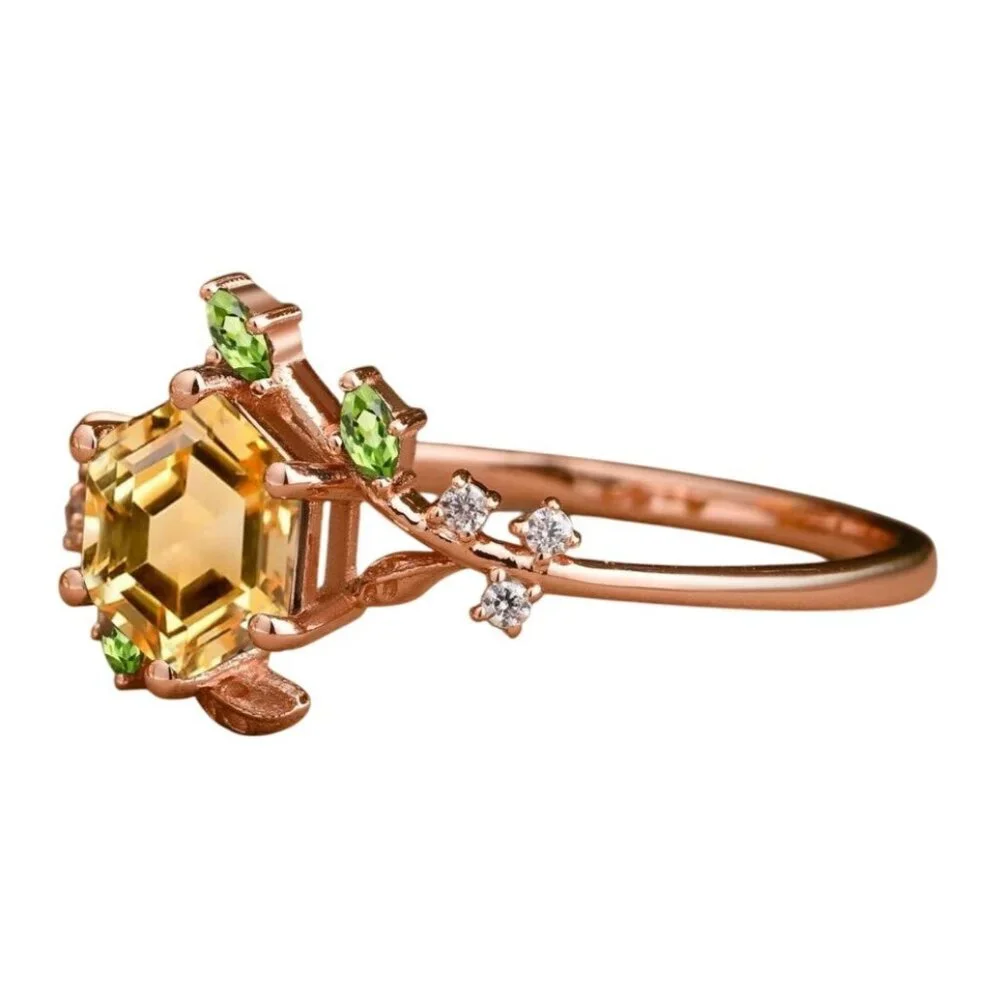 Hexagon Cut Citrine & Peridot Engagement Bridal Ring in Timeless rose gold